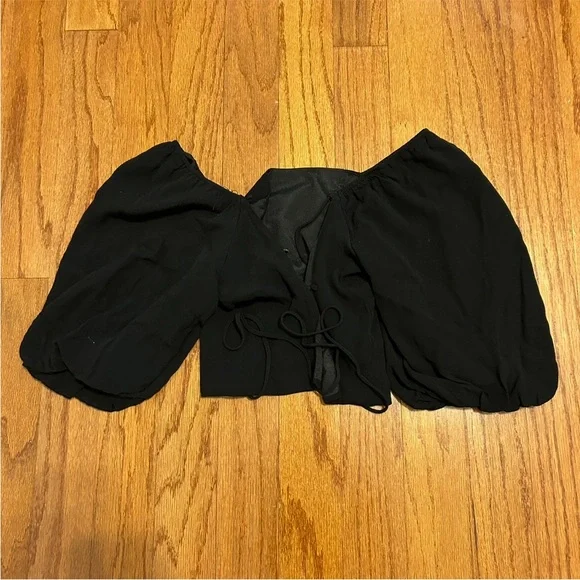 Forever 21 Black Puff Sleeve Tie Front Crop Top Size S Y2K Festival Boho - Picture 2 of 7